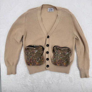 LC23 Tan Cardigan Sweater Paisley Zip Pockets 100% Cotton Made in Italy Medium